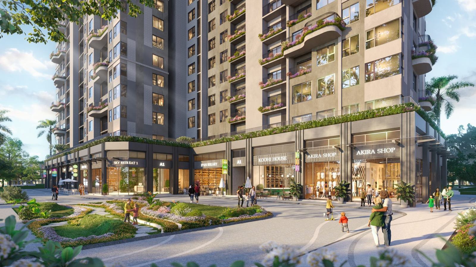 Shop khối đế Sky Retreat với cửa hàng, tiệm bánh và quảng trường