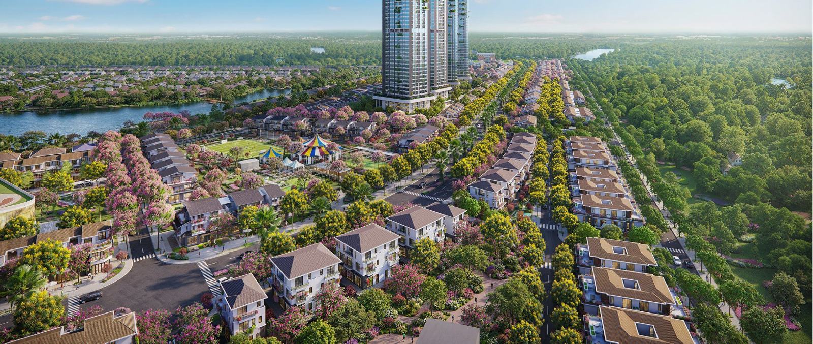 Phối cảnh khu Rừng Hồng nhìn từ trên cao, các dãy nhà phố và biệt thự dưới chân tháp Forest Onsen