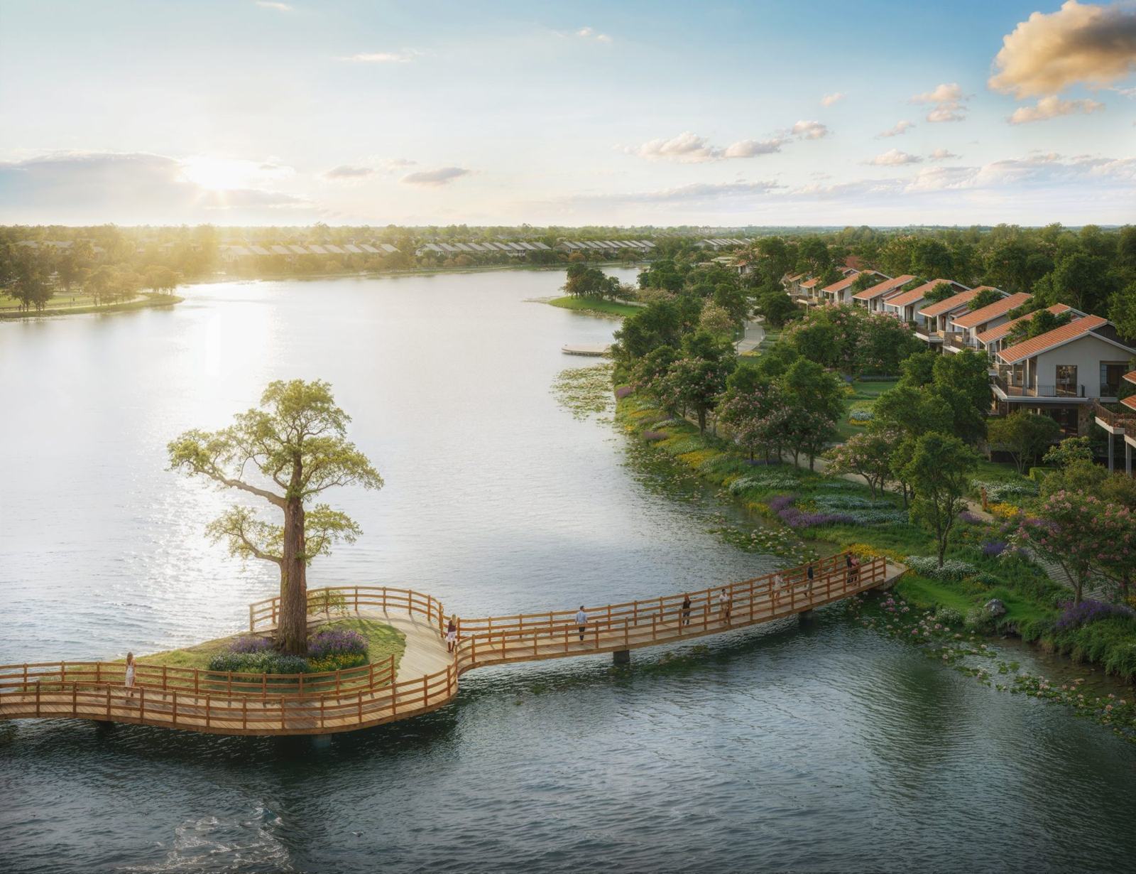 Biệt thự Retreat Forest ven Hồ Thiên Nga, cầu gỗ và cây cổ thụ giữa hồ