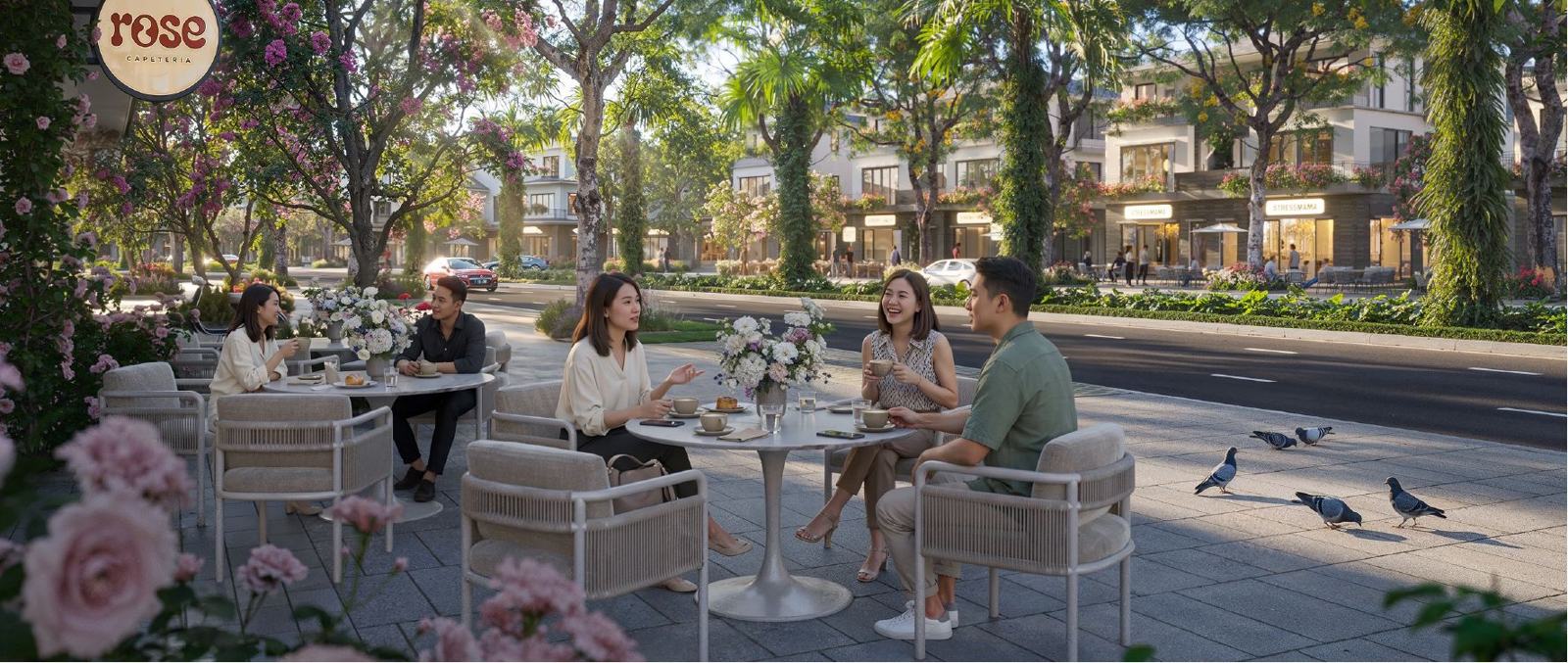 Quảng trường Mùa Lễ Hội, cư dân ngồi cà phê ngoài trời giữa hoa hồng