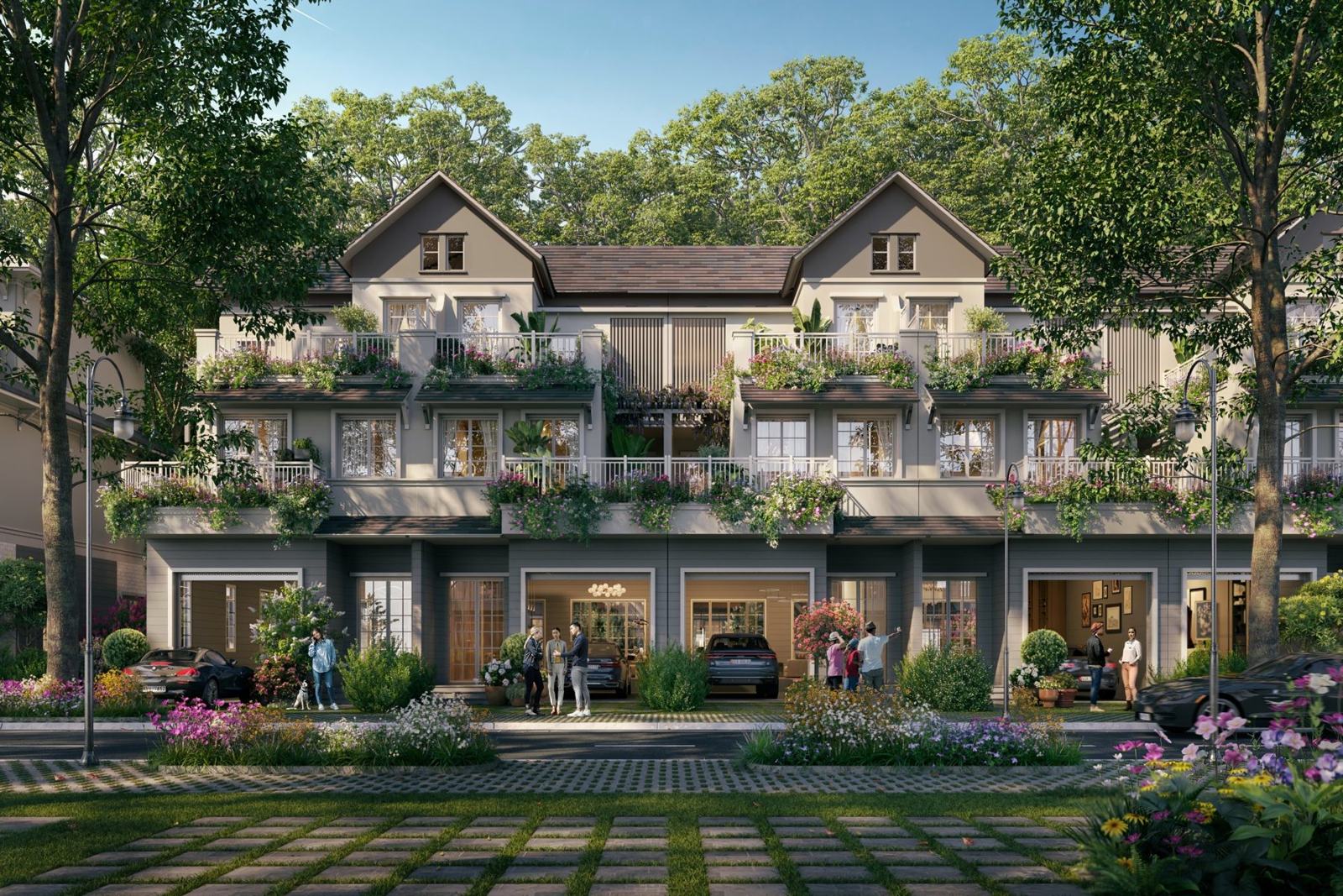 Dãy villa đại lộ Retreat Forest với gara, ban công hoa và mái dốc