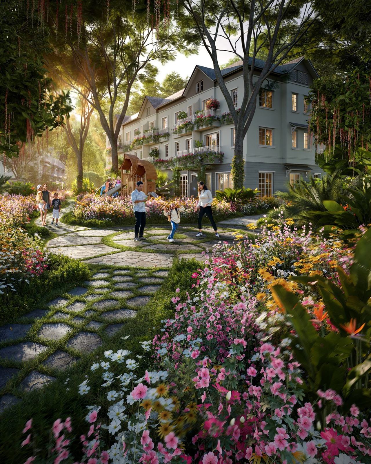 Gia đình dạo vườn hoa nội khu trước dãy nhà Home Retreat