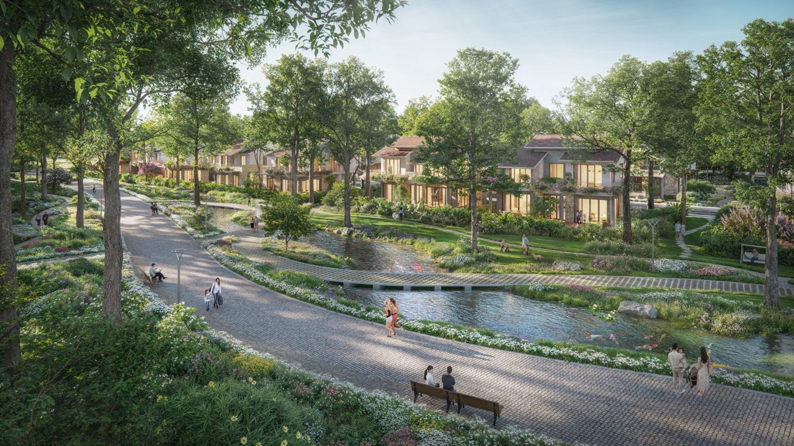 Đường dạo ven suối cá koi giữa các biệt thự Retreat Forest